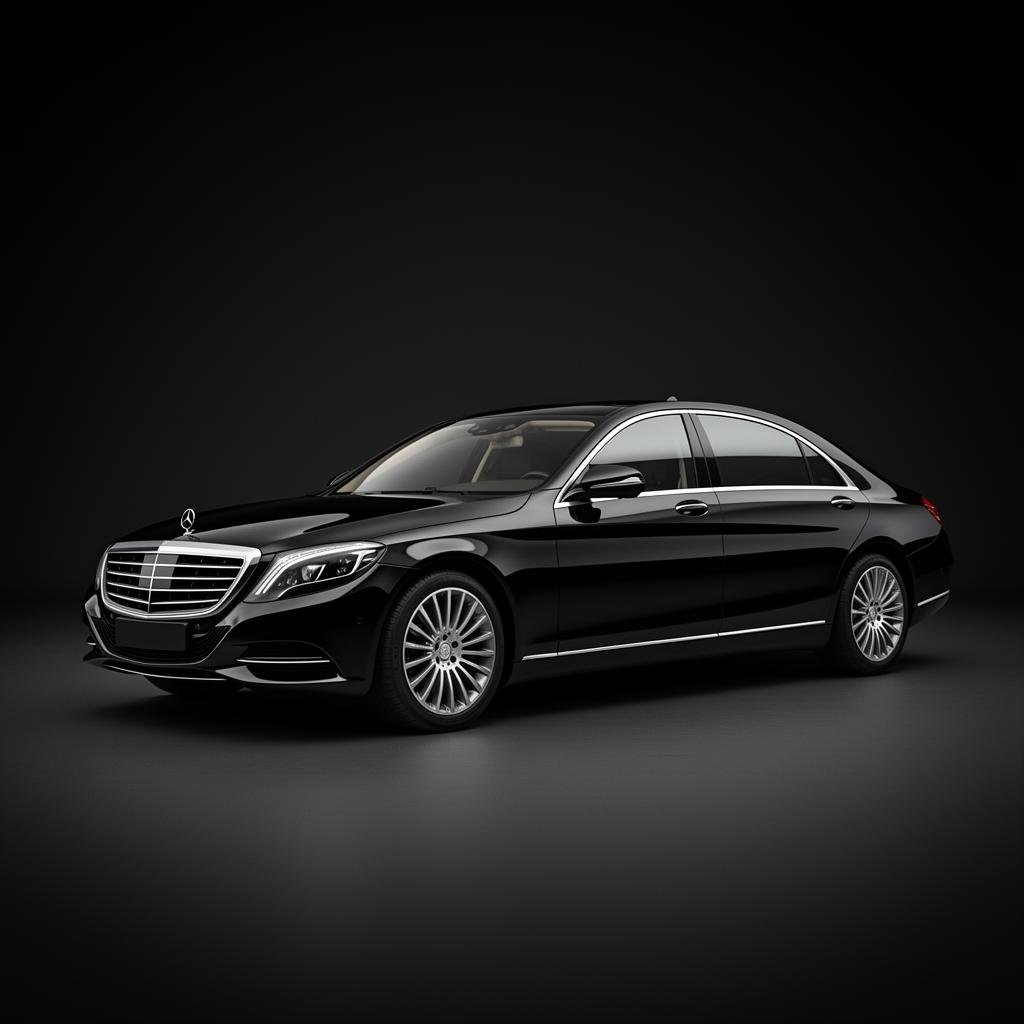 Black Mercedes executive sedan in a studio setting